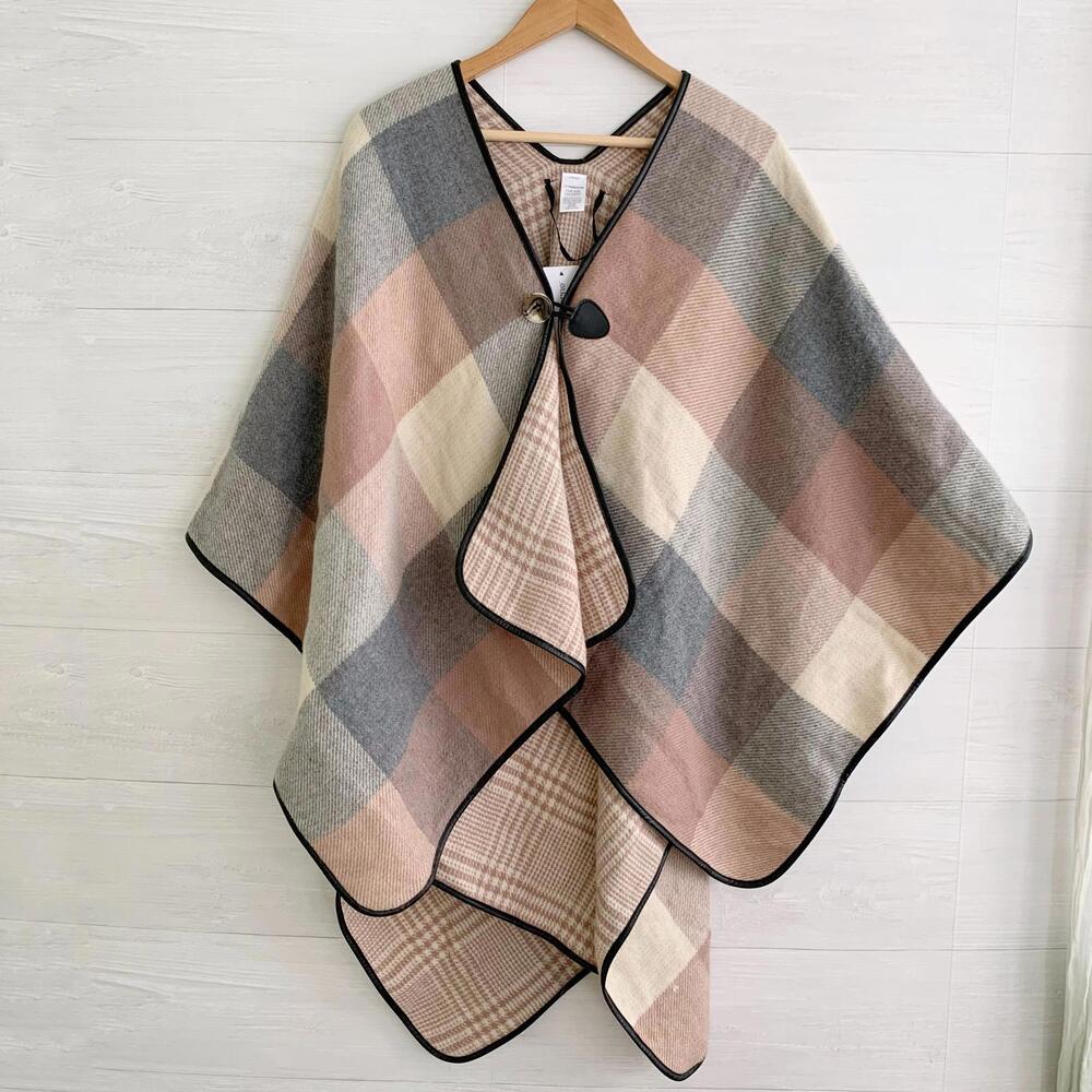 NWT Liz Claiborne - Camel tan gray plaid soft button poncho wrap OS